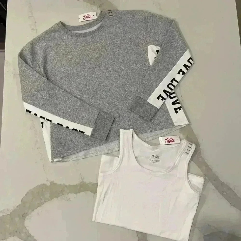 Justice Girls Active NWT GrayWhite Oversized Sweatshirt 18/20 NWT Tank 14/16 Set